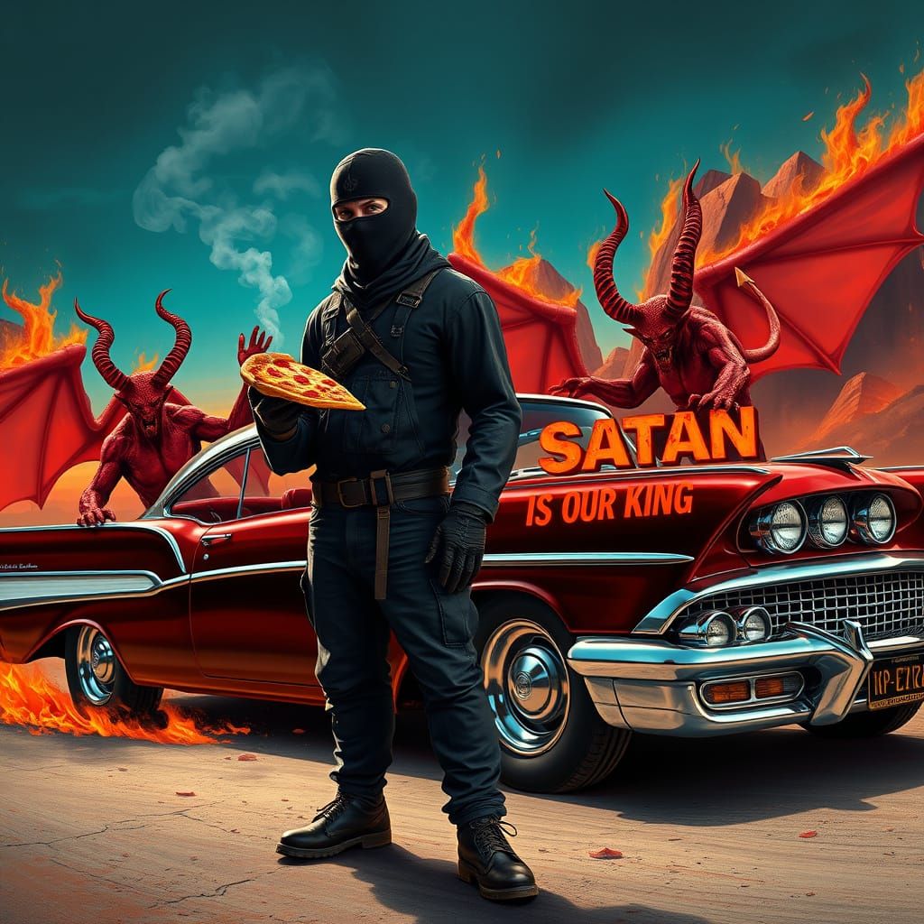 Dark Fantasy Pizza Scene in Retro Style