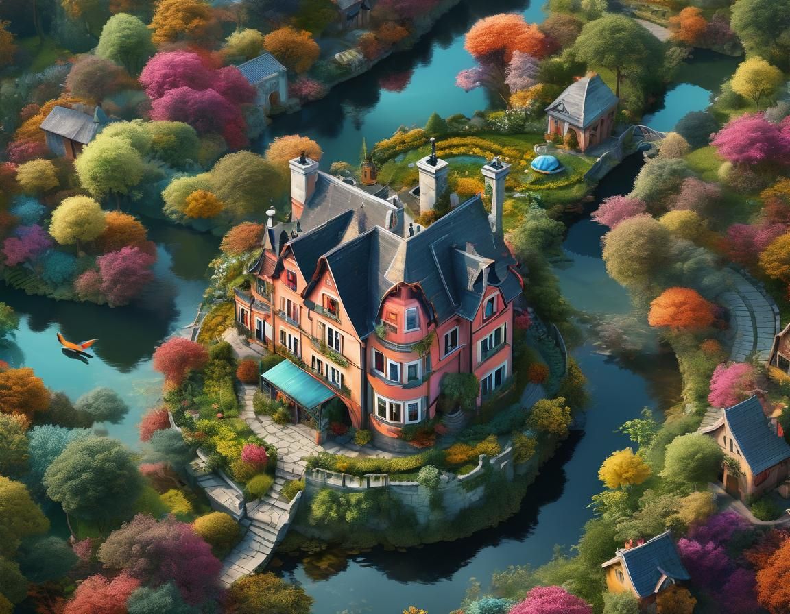 Surreal Aerial Country House in Fantasy Landscape