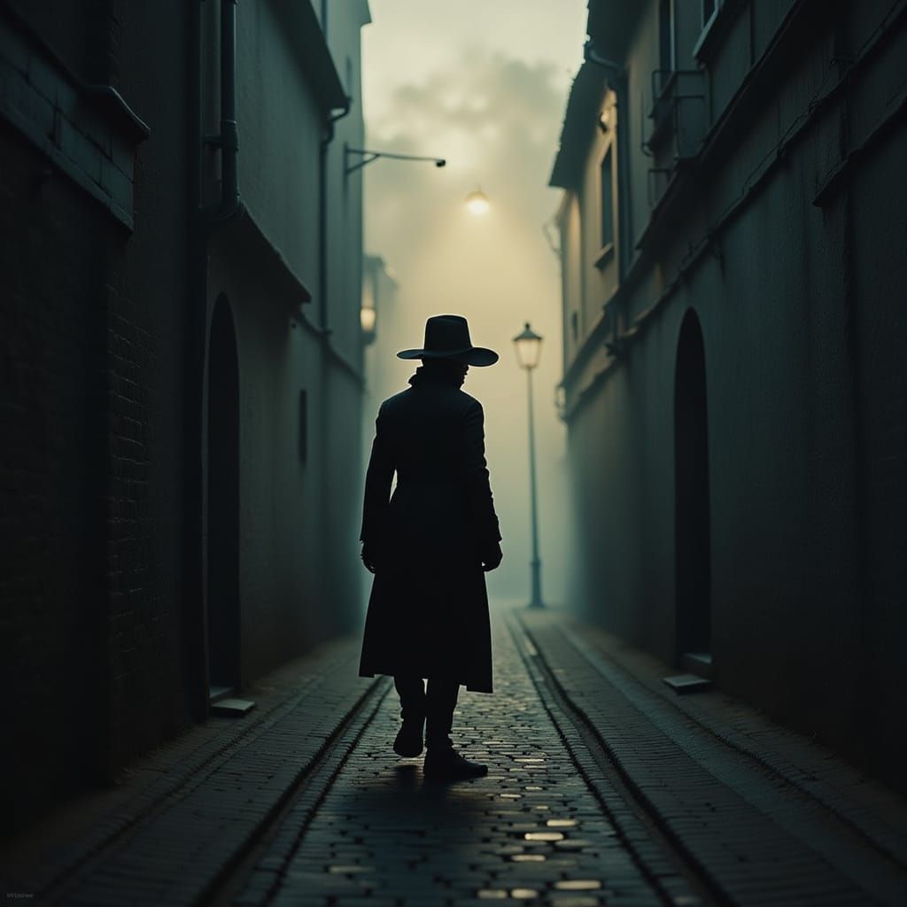 Mysterious Figure Walking in Dimly Lit Alleyway