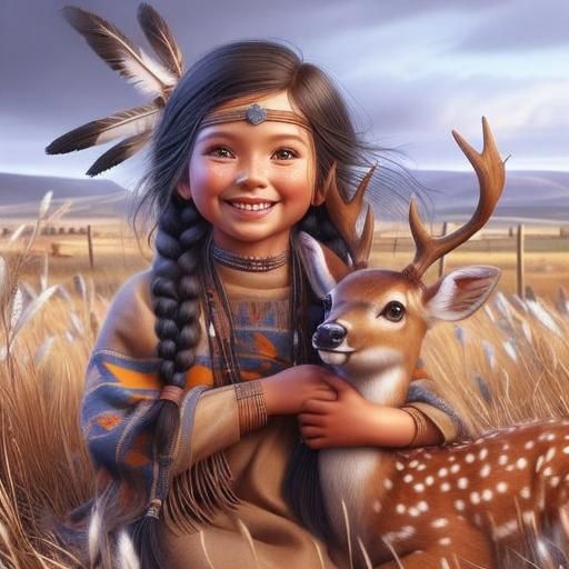 Happy Native American Girl with Fawn, Digital Art