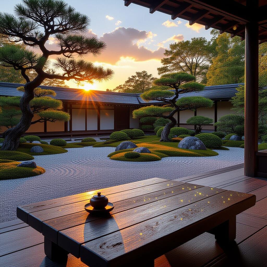 Serene Zen Garden at Sunset with Bonsai and Fireflies