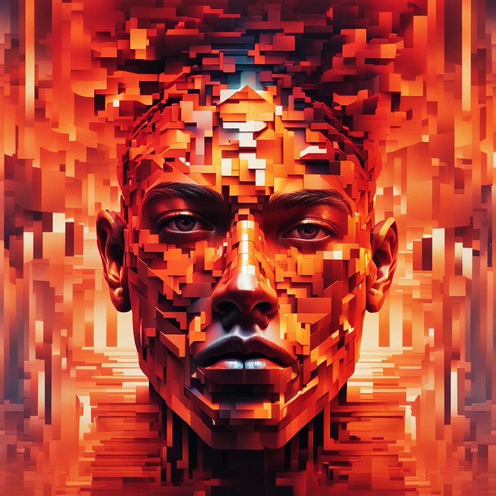 a digital art piece of abstract portrait of a frontal fantasy human face emerging from a chaotic, glitching and 3D pixel...