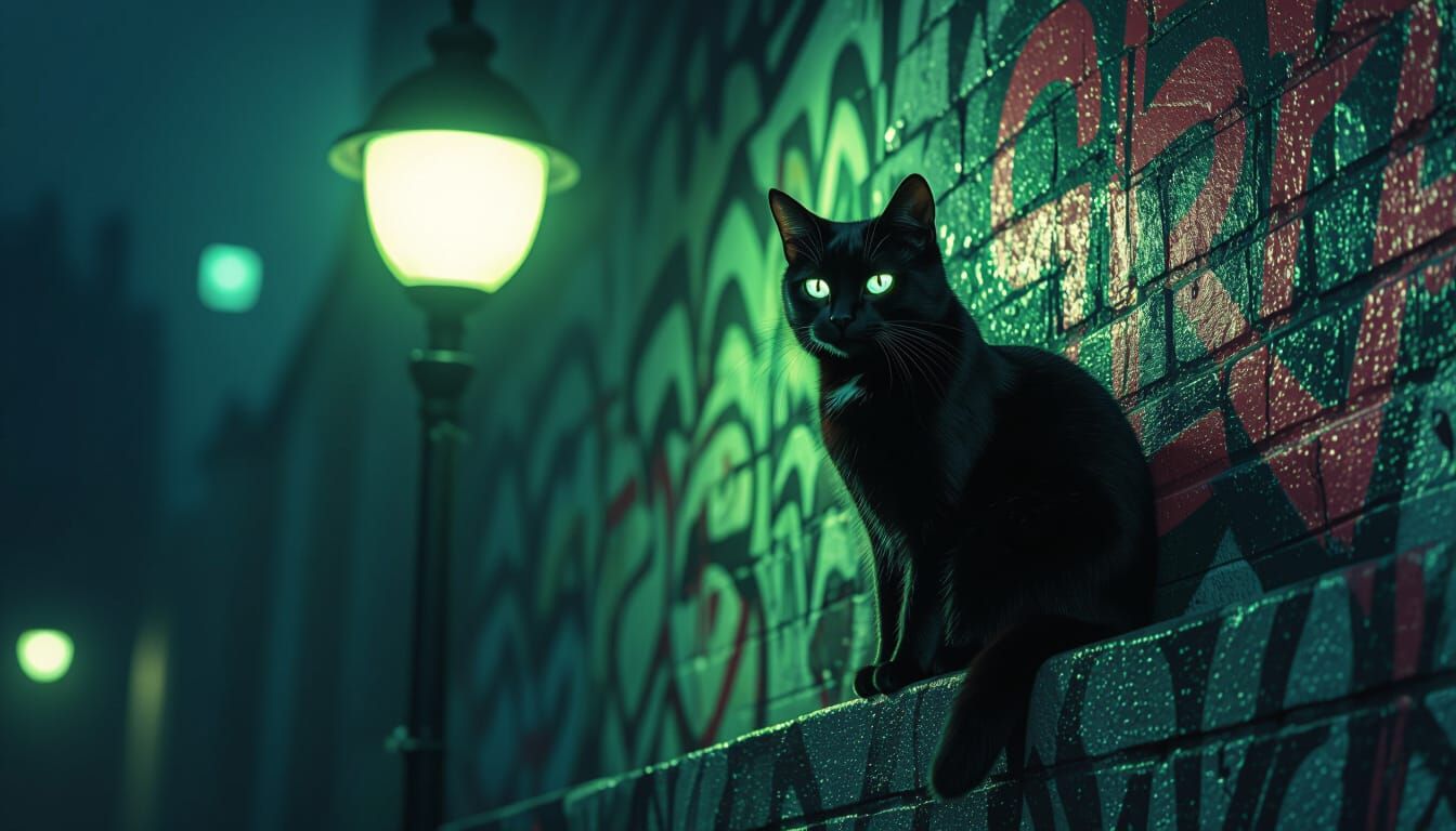 Black Cat on Graffiti Wall in Hyperrealistic Style