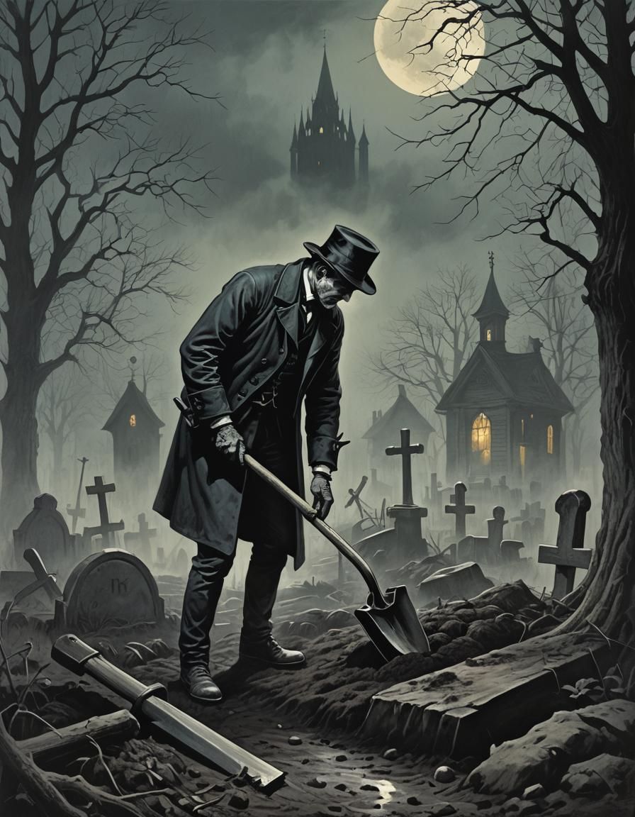 Gothic Victorian Grave Robber Illustration in Vintage Style