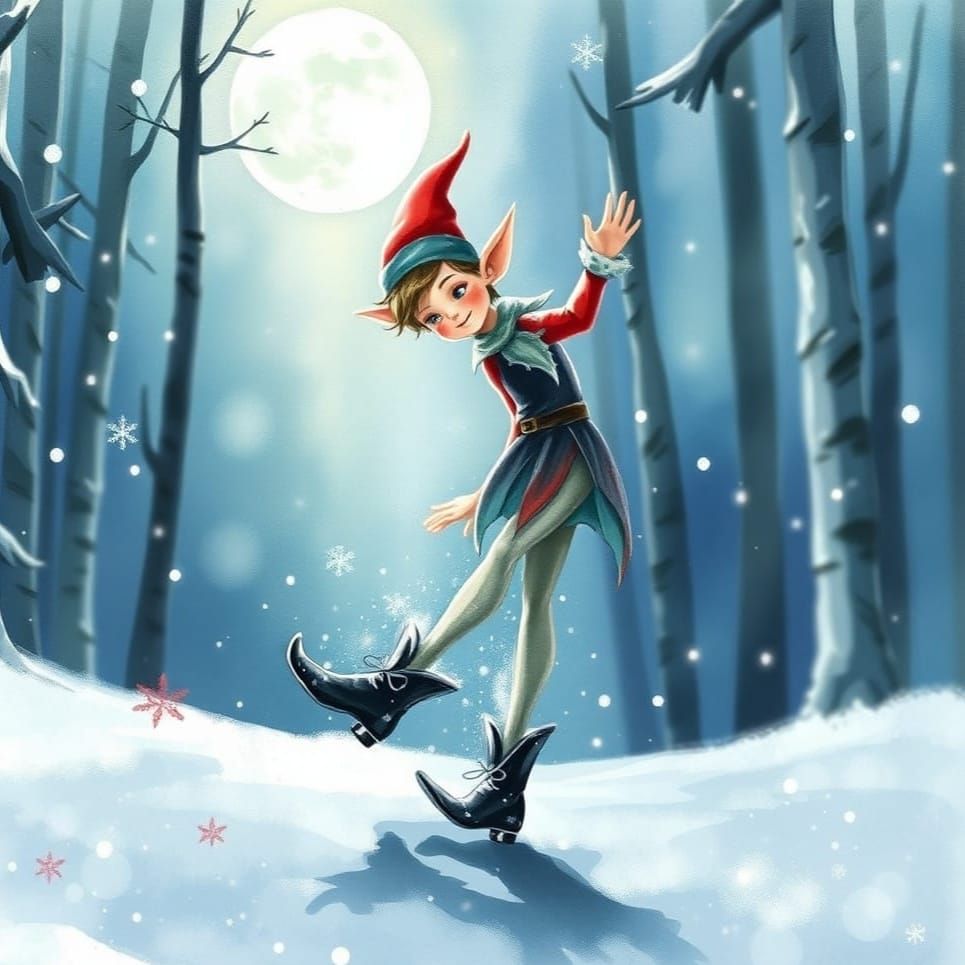 Surreal Watercolor of Christmas Elf Dancing in the Moonlight