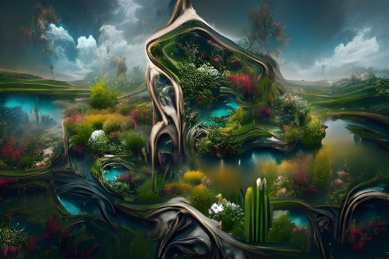 Hyperrealistic Garden with Pond, Digital Matte Painting