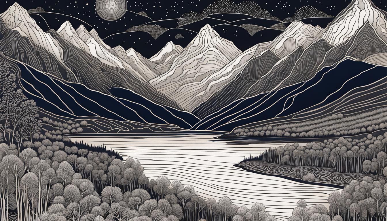 Intricate Line Art: Night Sky Mountain River