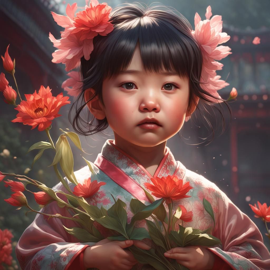 Chinese Toddler Portrait with Flowers in Art Nouveau Style