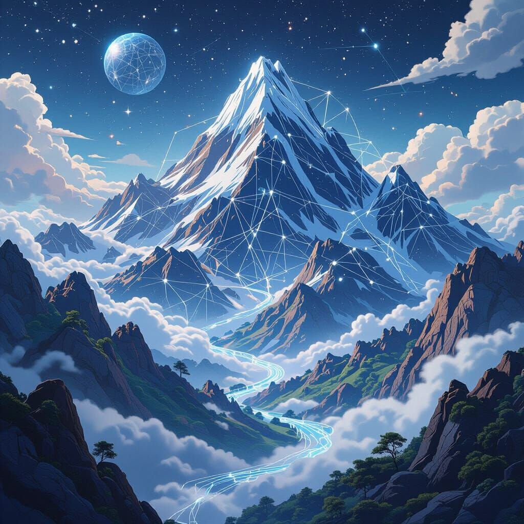 Cosmic Mountain Landscape in Vintage Anime Style