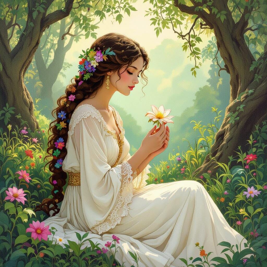 Woman with Exotic Flower in Art Nouveau Style