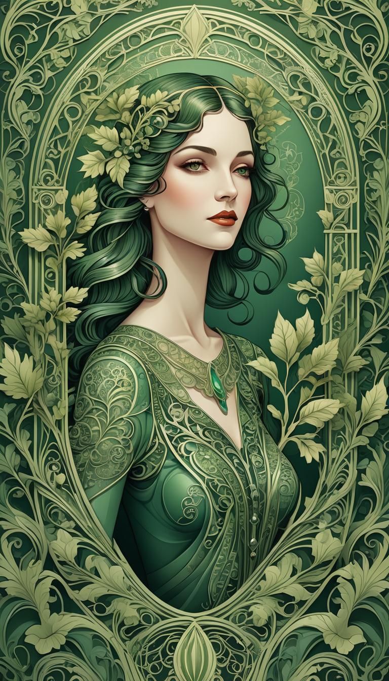 Art Deco Woman Portrait with Foliage Border