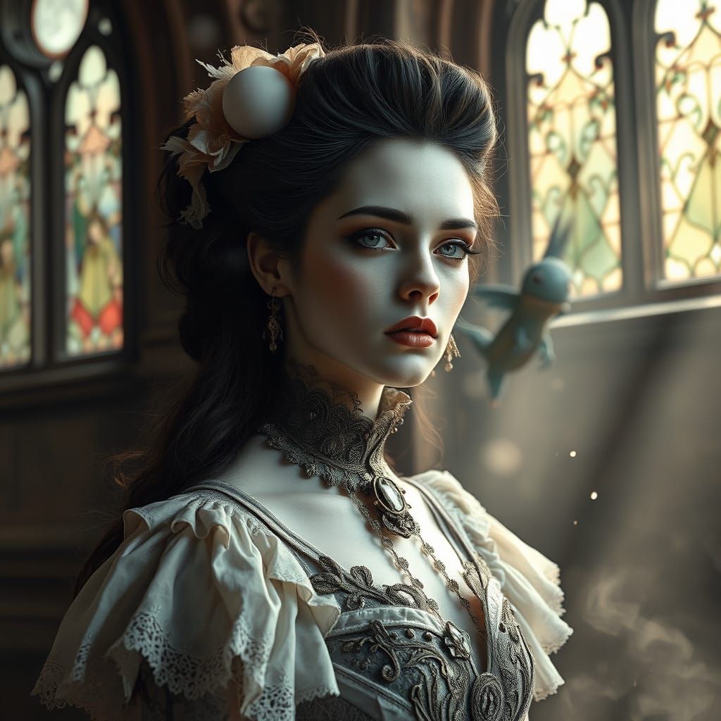 Woman in Gothic Setting in Dramatic Style