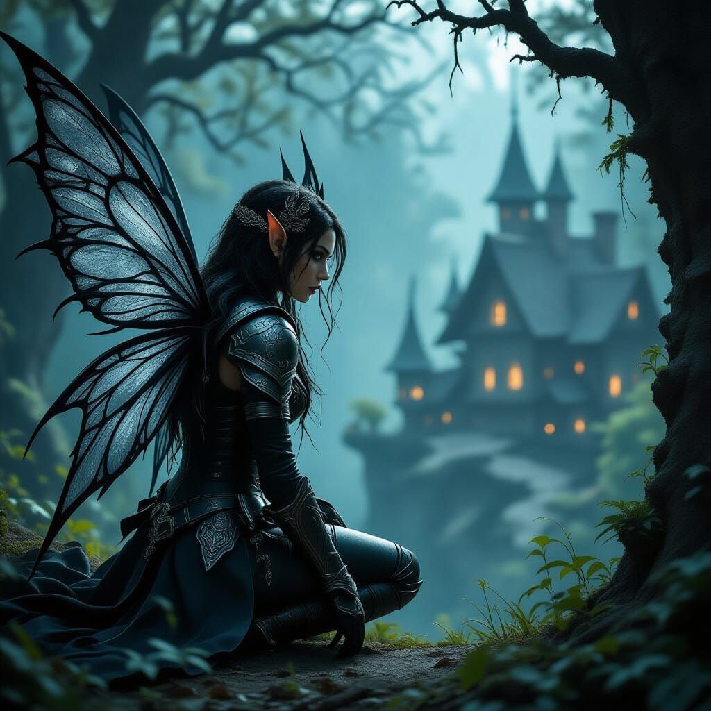 Fallen Fairy Gazing at Elven Village: Photorealistic Art