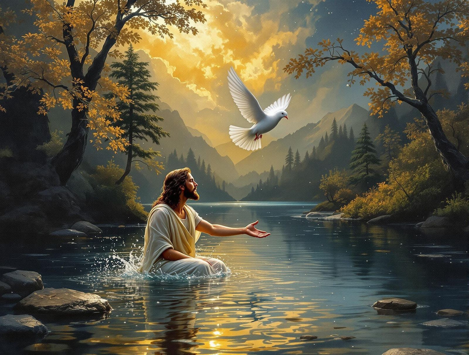 Surrealistic Baptism Scene in Chiaroscuro Style