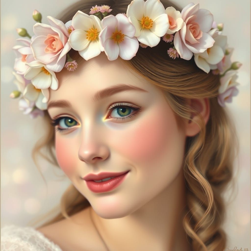 A Young Woman in a Floral Crown, Exuding Ethereal Beauty and...