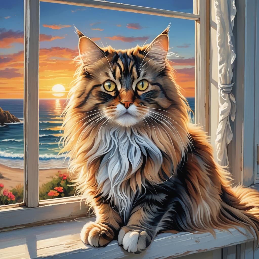 Sunset Beach View with Long-Haired Cat