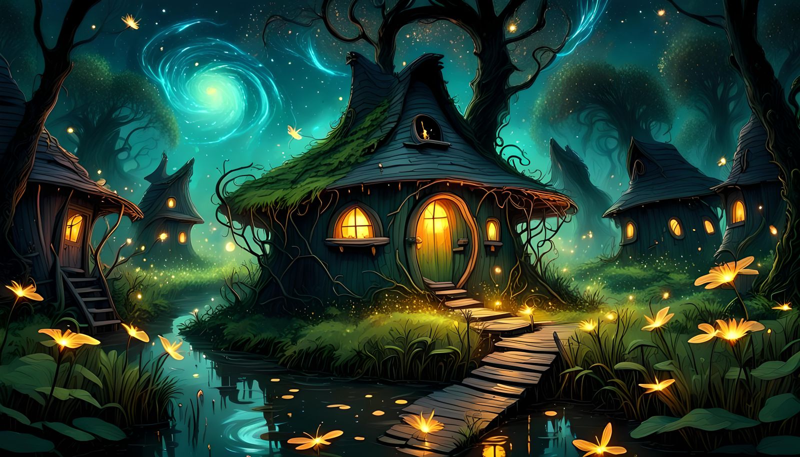 Ethereal Fireflies Swirling Around Witch's Hut