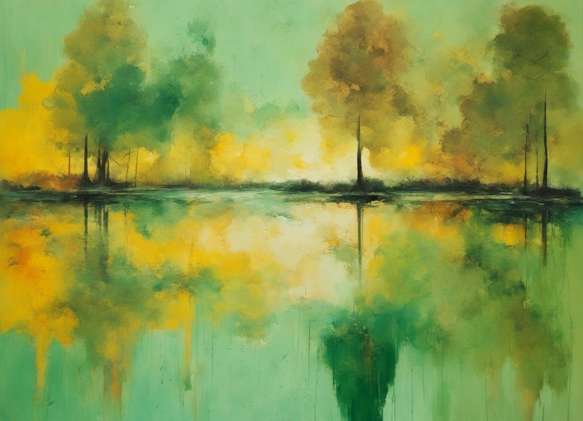 Fiery Abstract Lake Painting in Frankenthaler Style