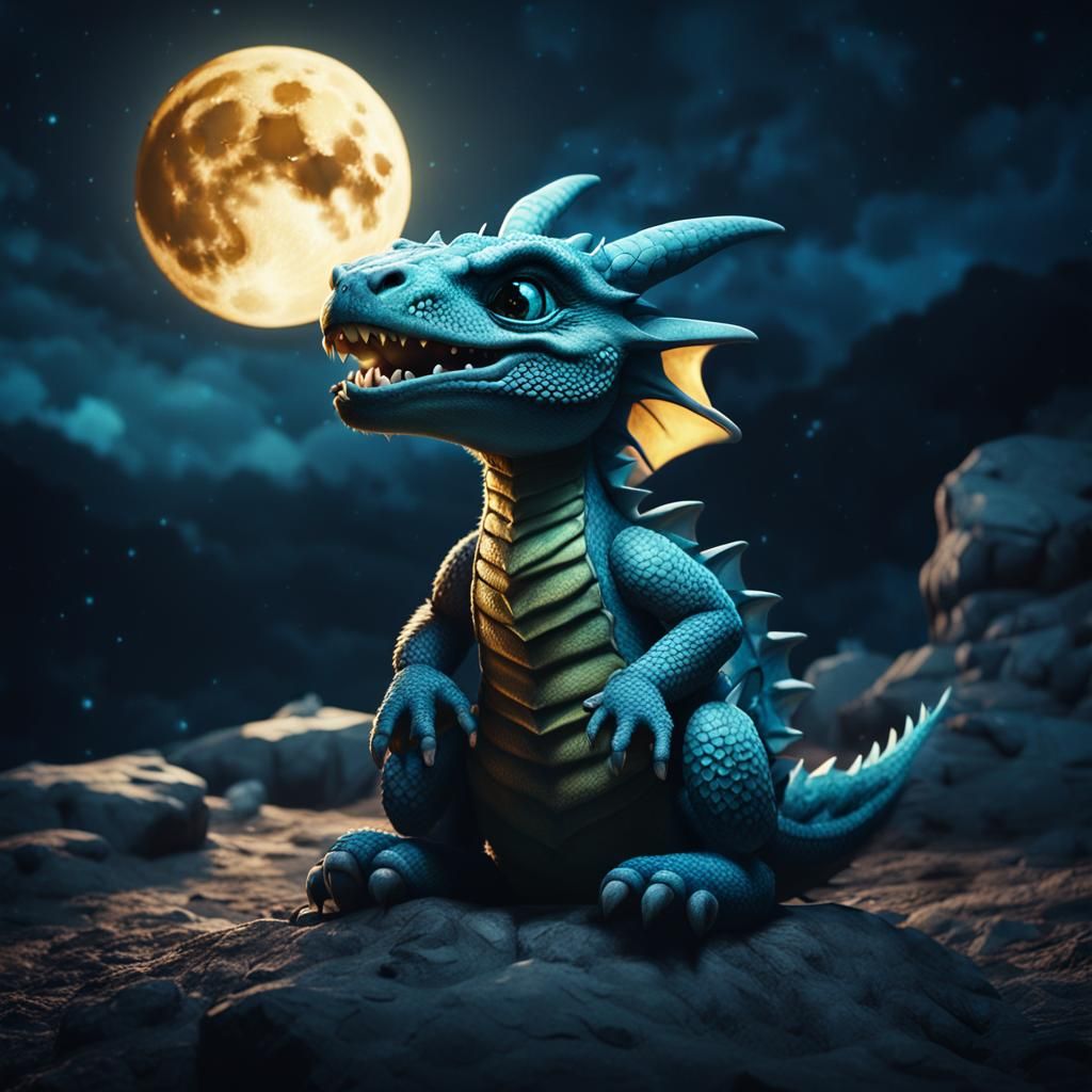 Crying Baby Dragon Under Full Moon