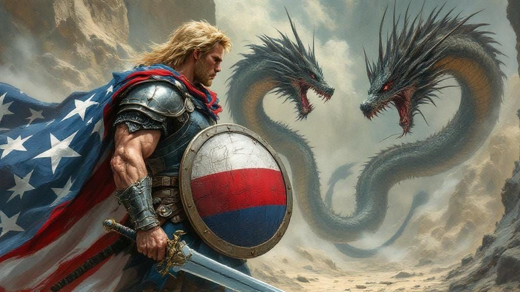 Valiant Knight Facing Hydra Dragon in Fantasy Scene