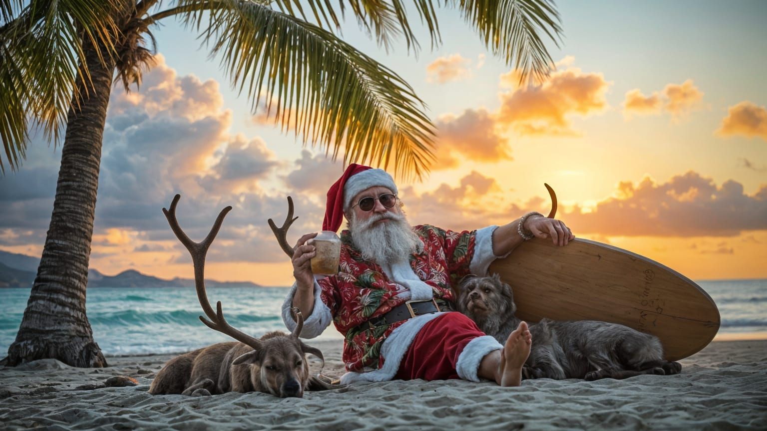 Santa Claus Unwinds on a Hawaiian Beach at Sunset