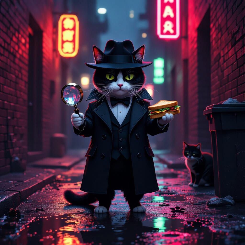 Tuxedo Cat Detective in Noir Alleyway