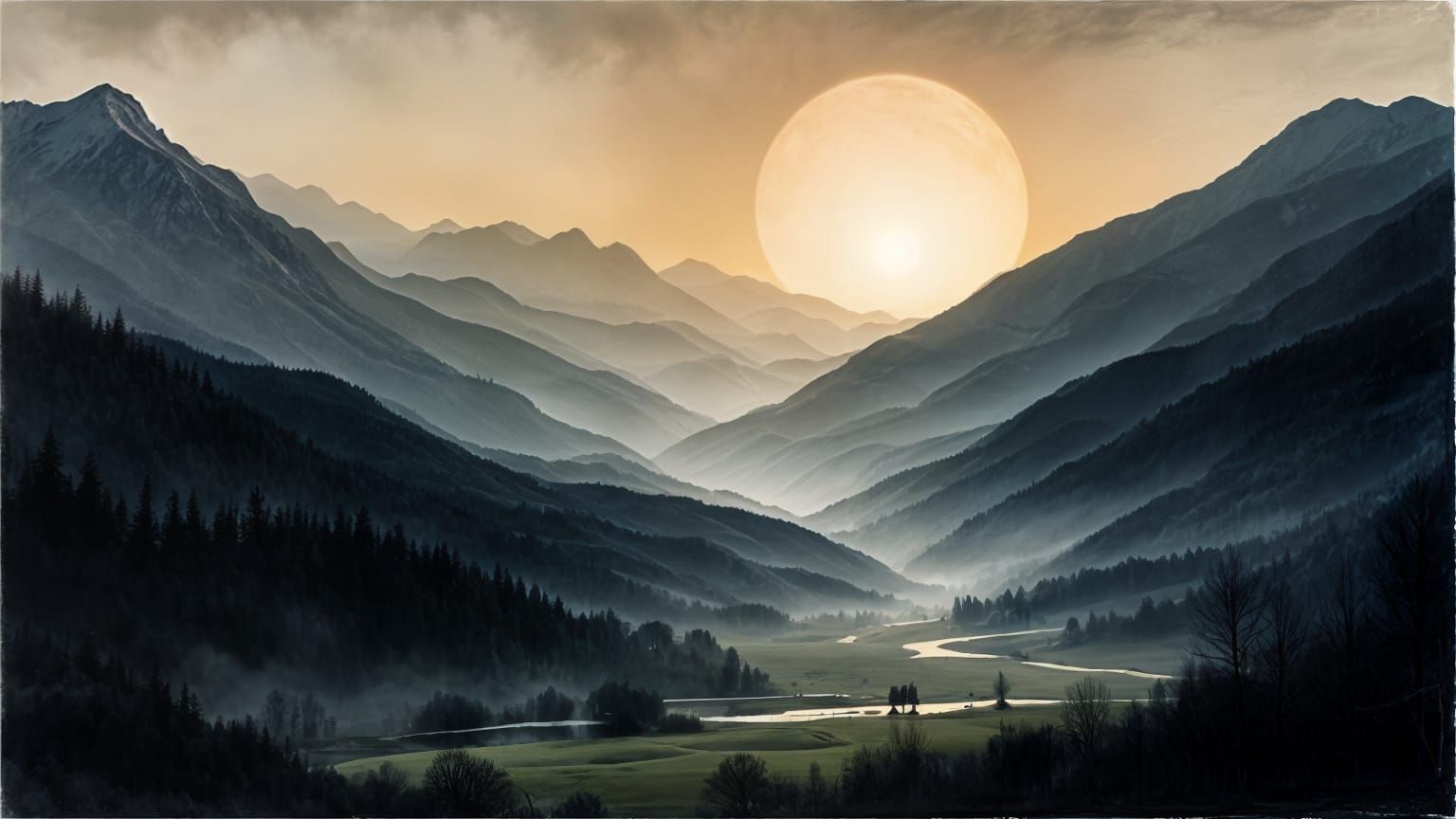 Cyberpunk Landscape in Noir Gris Clair Tones