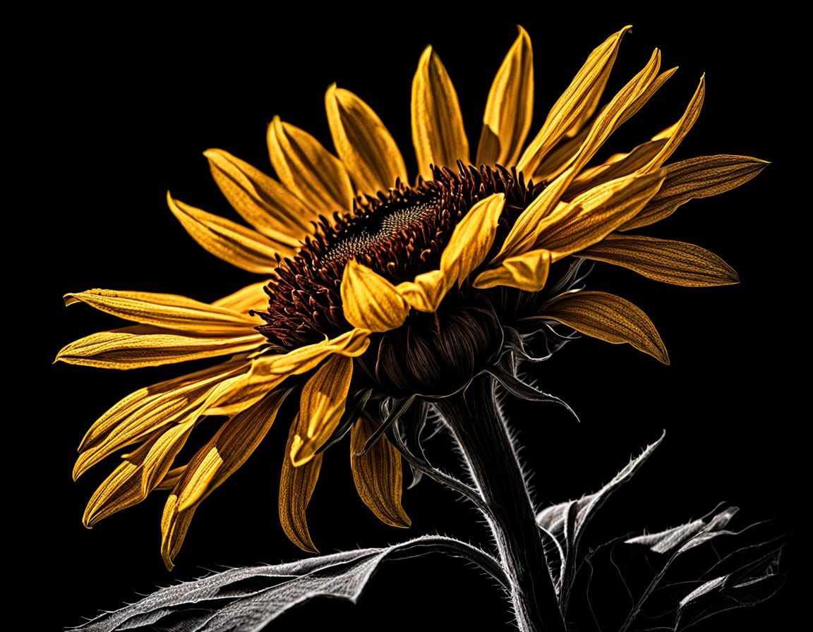 Detailed Scratchboard Helianthus Flower with Amber Accents