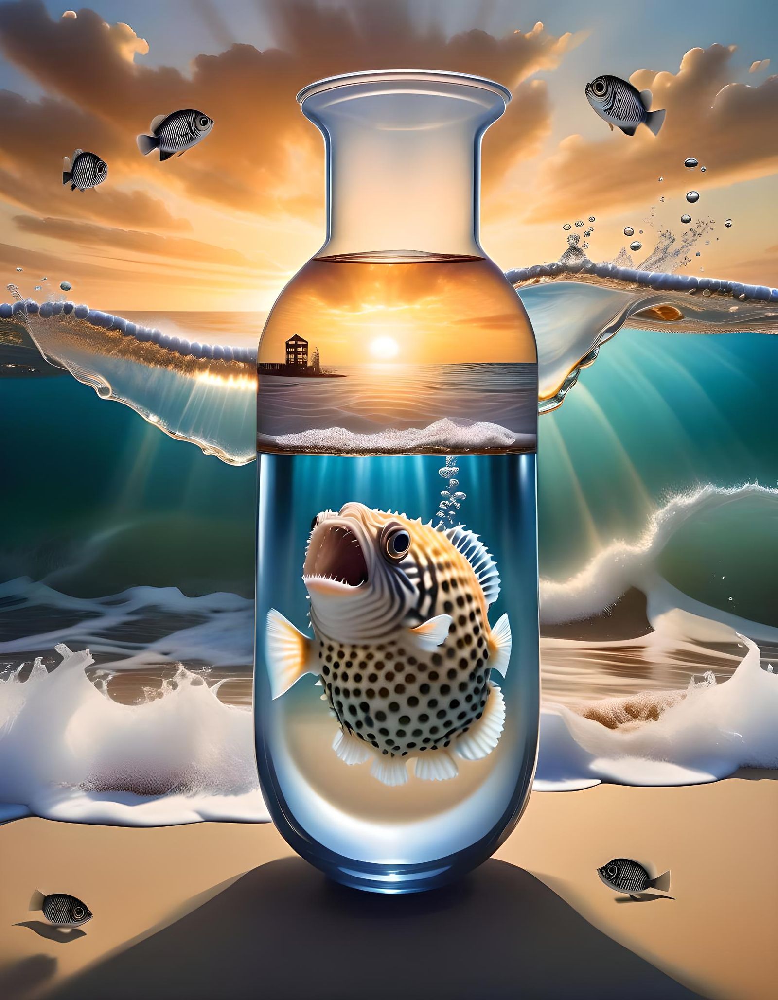 Pufferfish Wave in Flask at Sunset