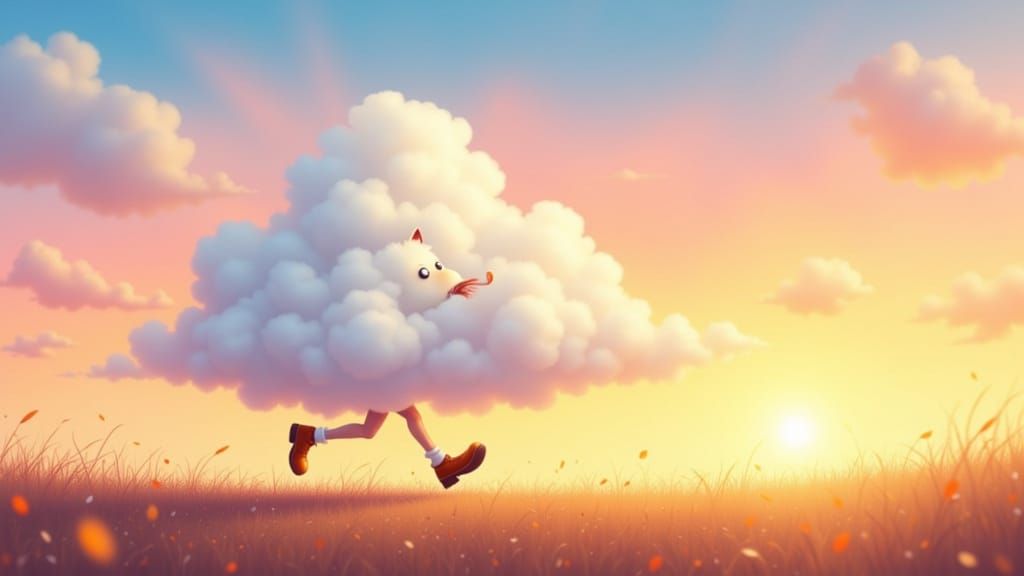 Whimsical Cloud Character Rushes Through Dawn Sky