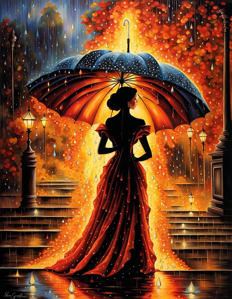 Enchanting Flame Figure with Raindrop Umbrella