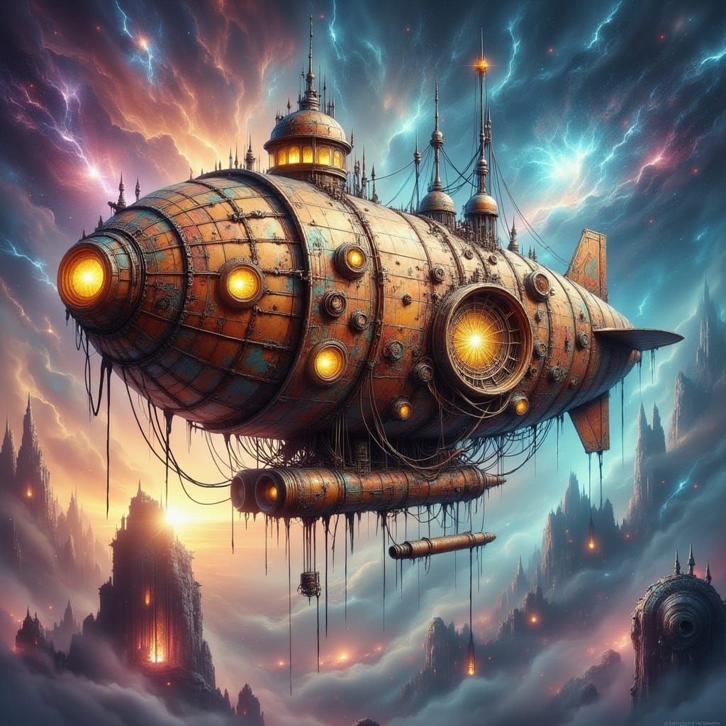 Steampunk Airship Nebula in Detailed Ink Drawing