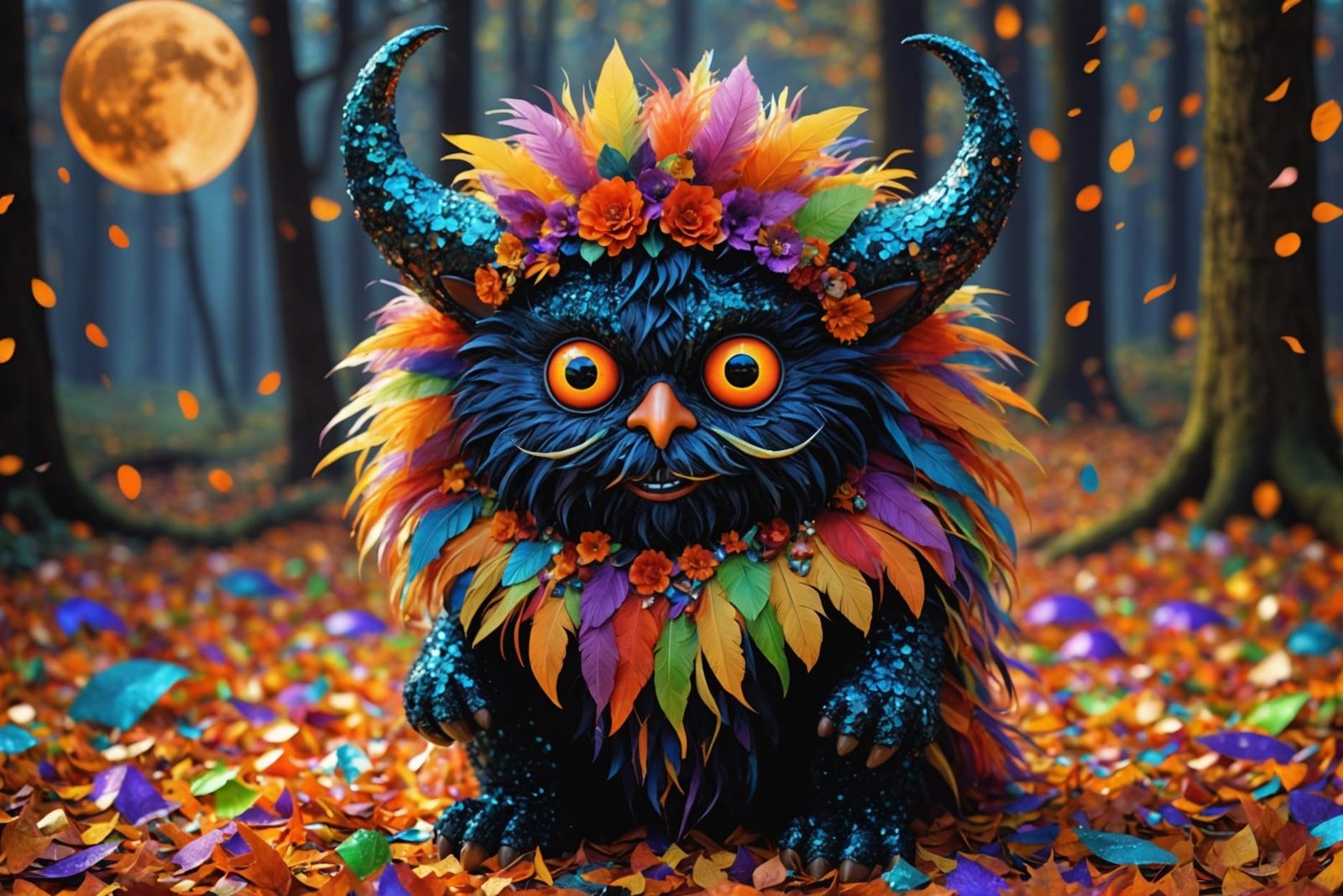 Klimt-Inspired Fluffy Halloween Demon in Forest