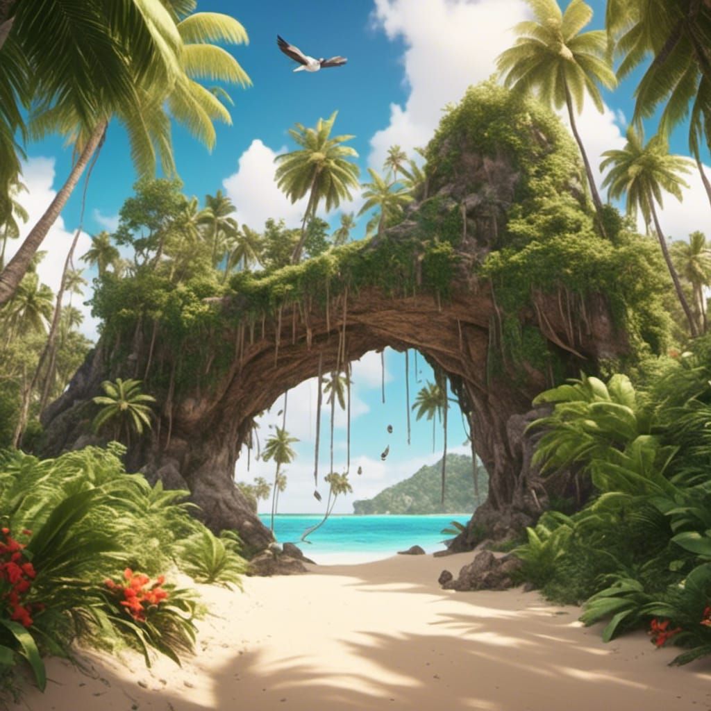 Tropical Island Paradise Postcard in Detailed Matte Painting
