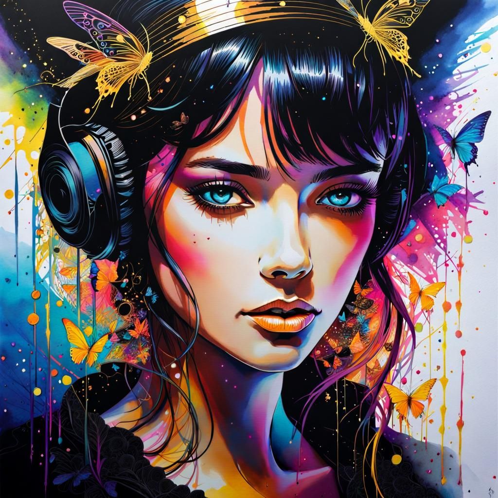 Neon Portrait with Watercolor and Musical Notes