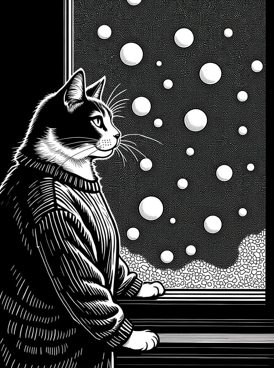 Cat Gazing at Hailstorm in Hard-Edge Painting Style