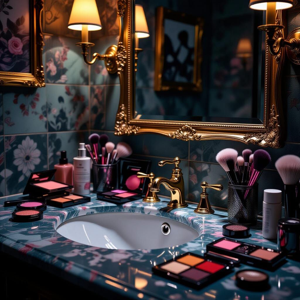 Magical Bathroom Worktop with Makeup and Tools