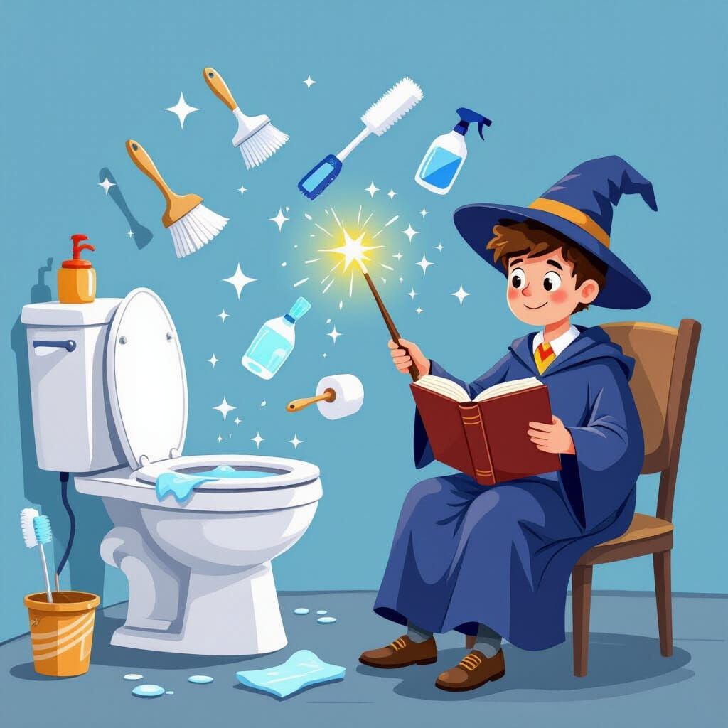 Wizard Magically Cleans Toilet with Flying Brushes