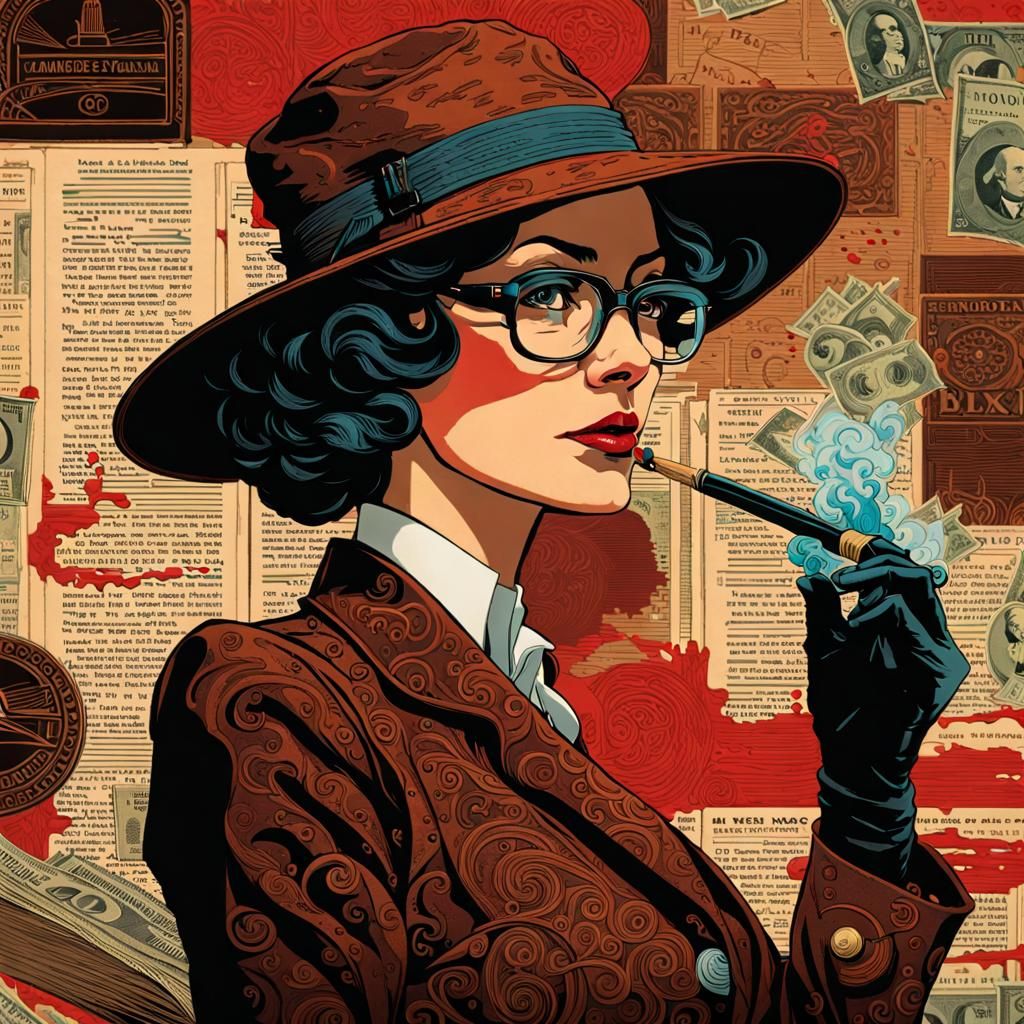 Woman Detective in Bioluminescent Salon as Ink Splash Art