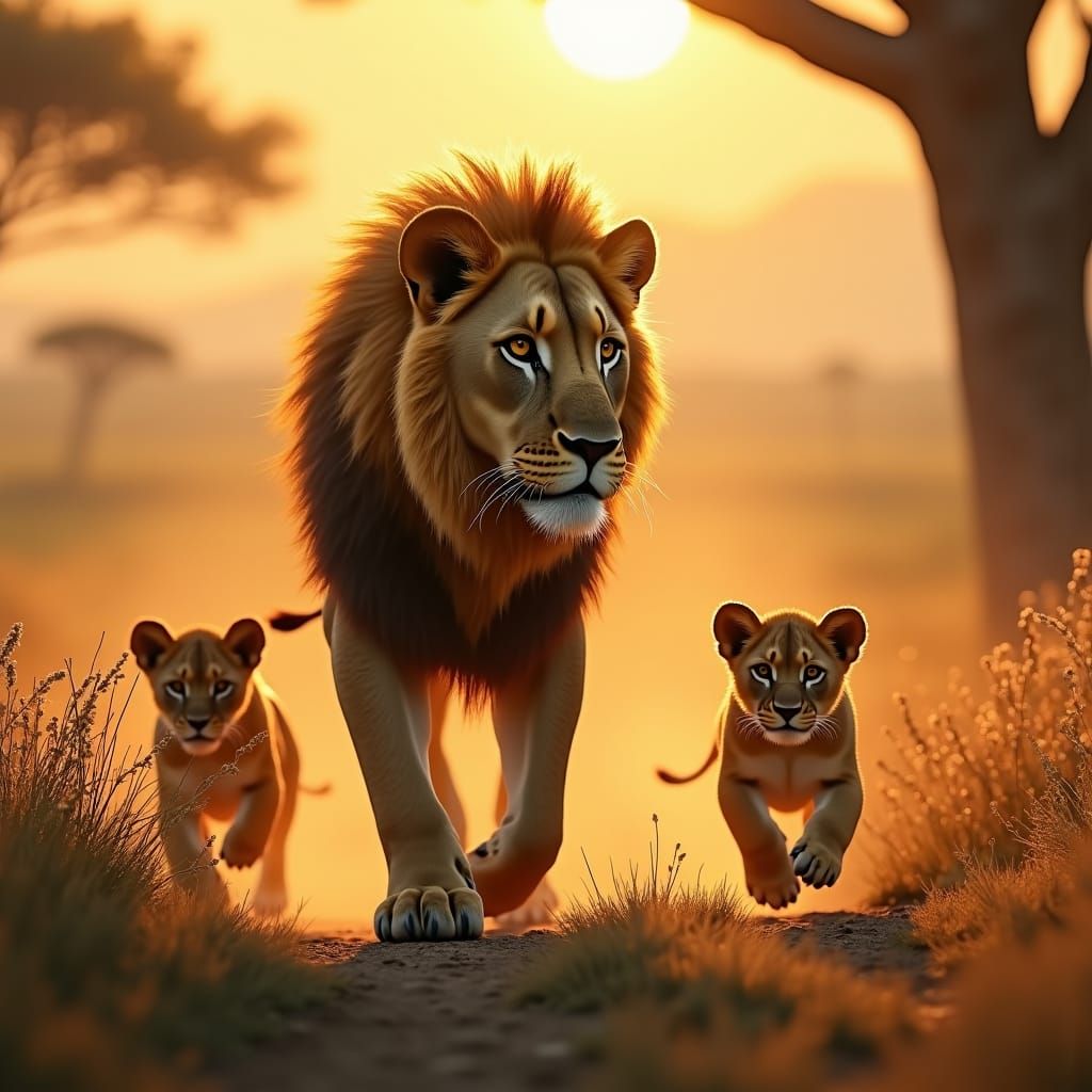 Lioness Watching Cubs in Golden Savannah