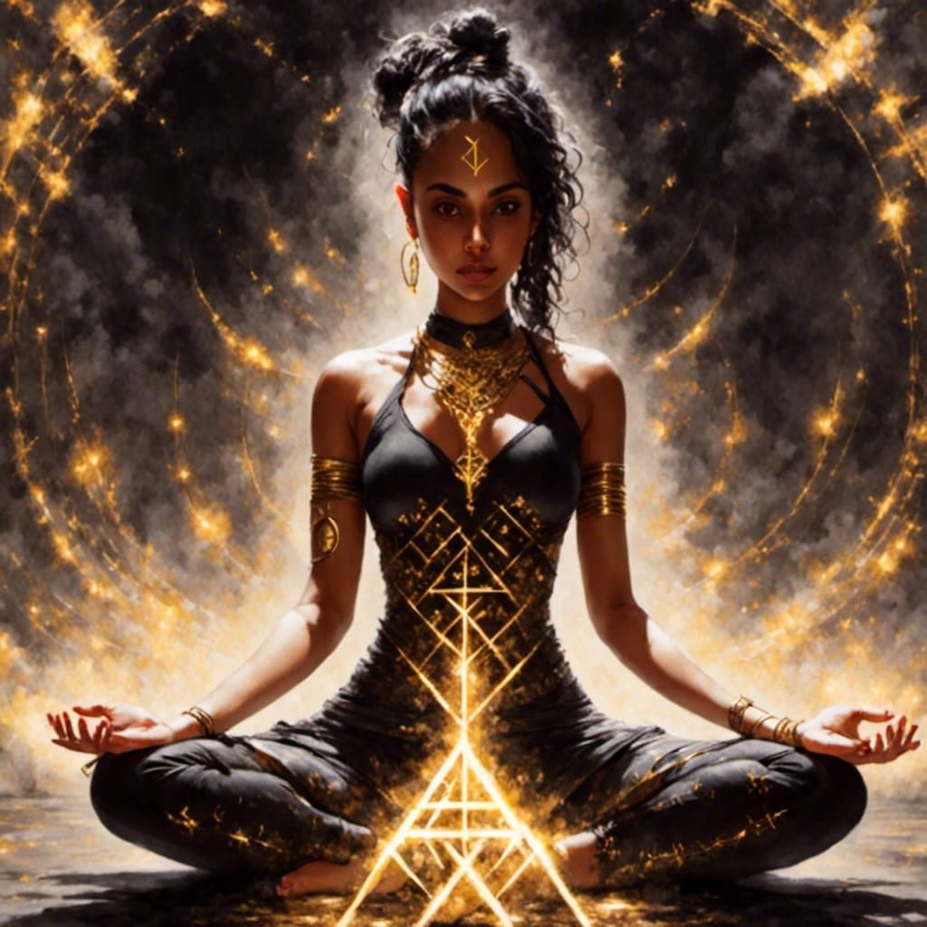 Meditative Woman with Glowing Runes and Golden Light