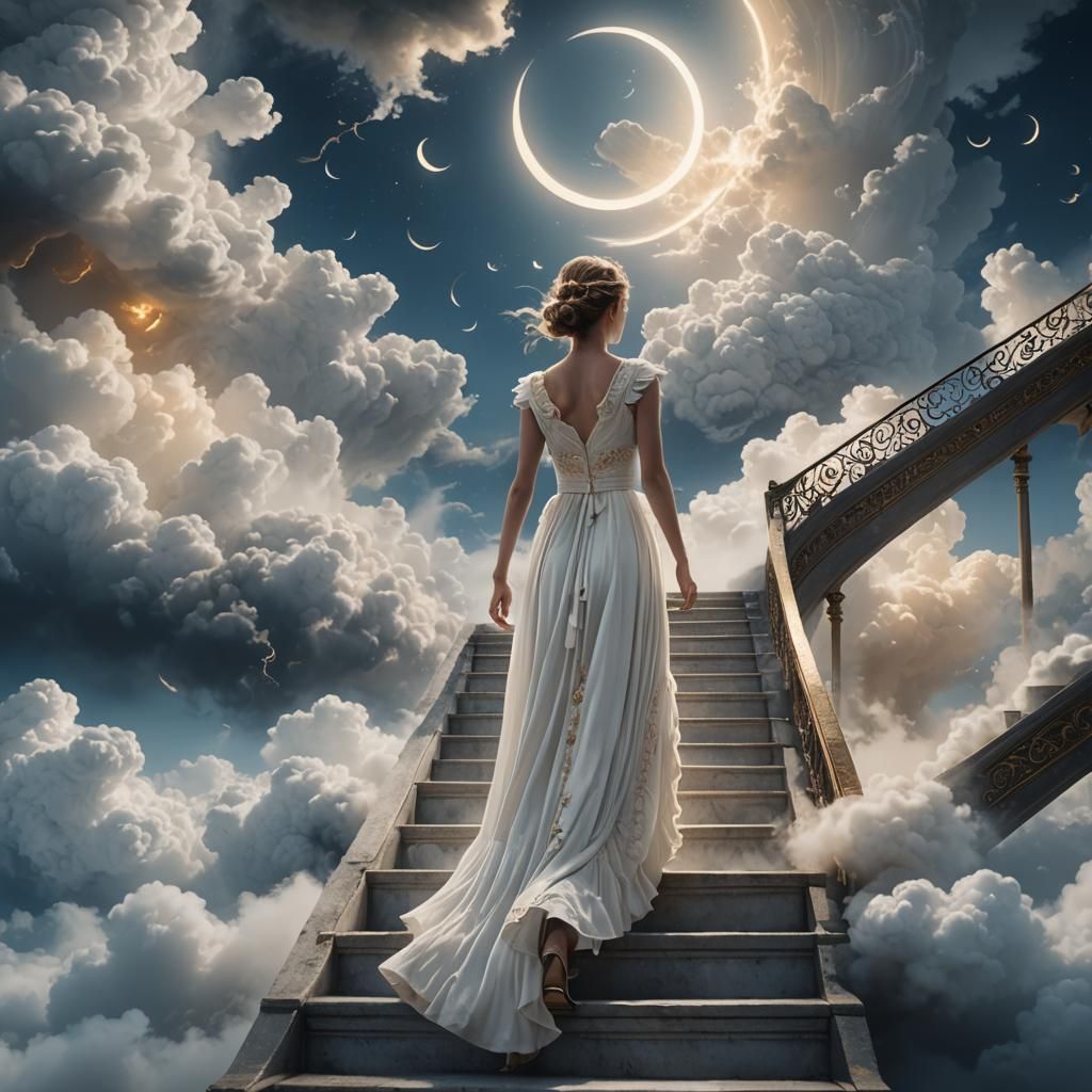 Girl Ascends Cloud Stairway to Moon, Digital Art