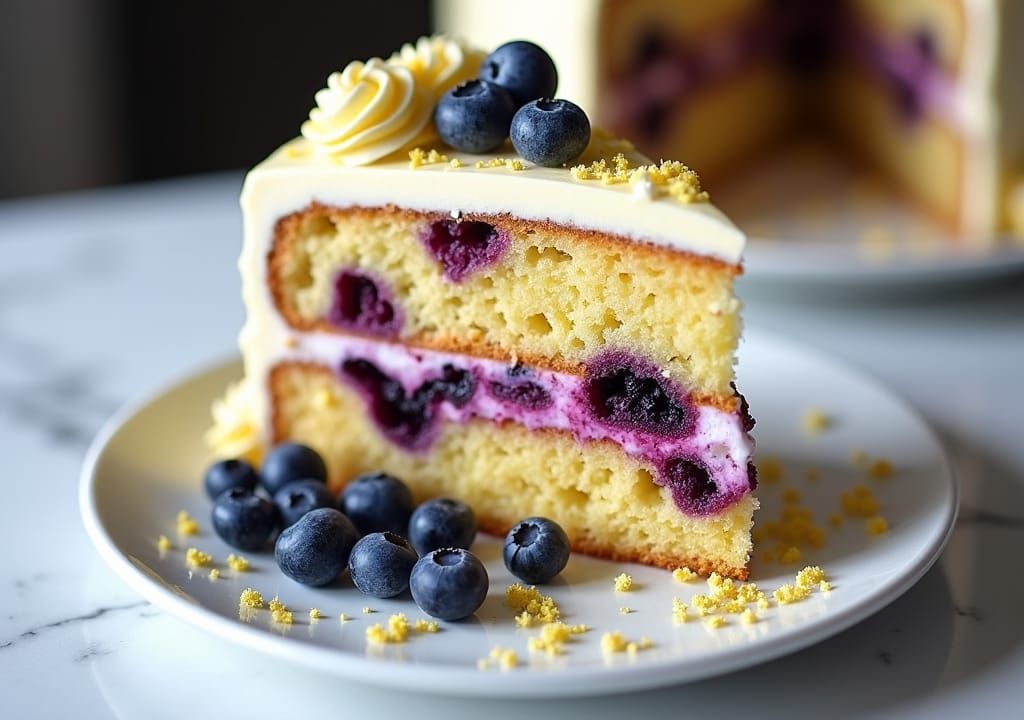 Lemon Blueberry Cake Slice with Buttercream Frosting