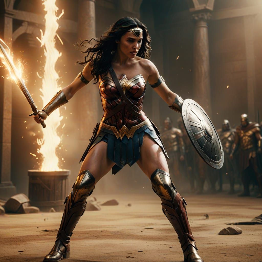 Long shot, full body, Wonder Woman as a gladiator. gauntlets...