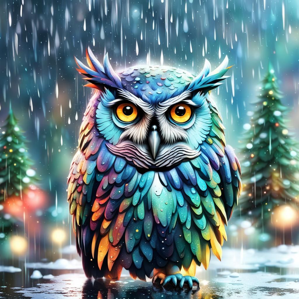 Hyperrealistic Christmas Owl in Falling Rain