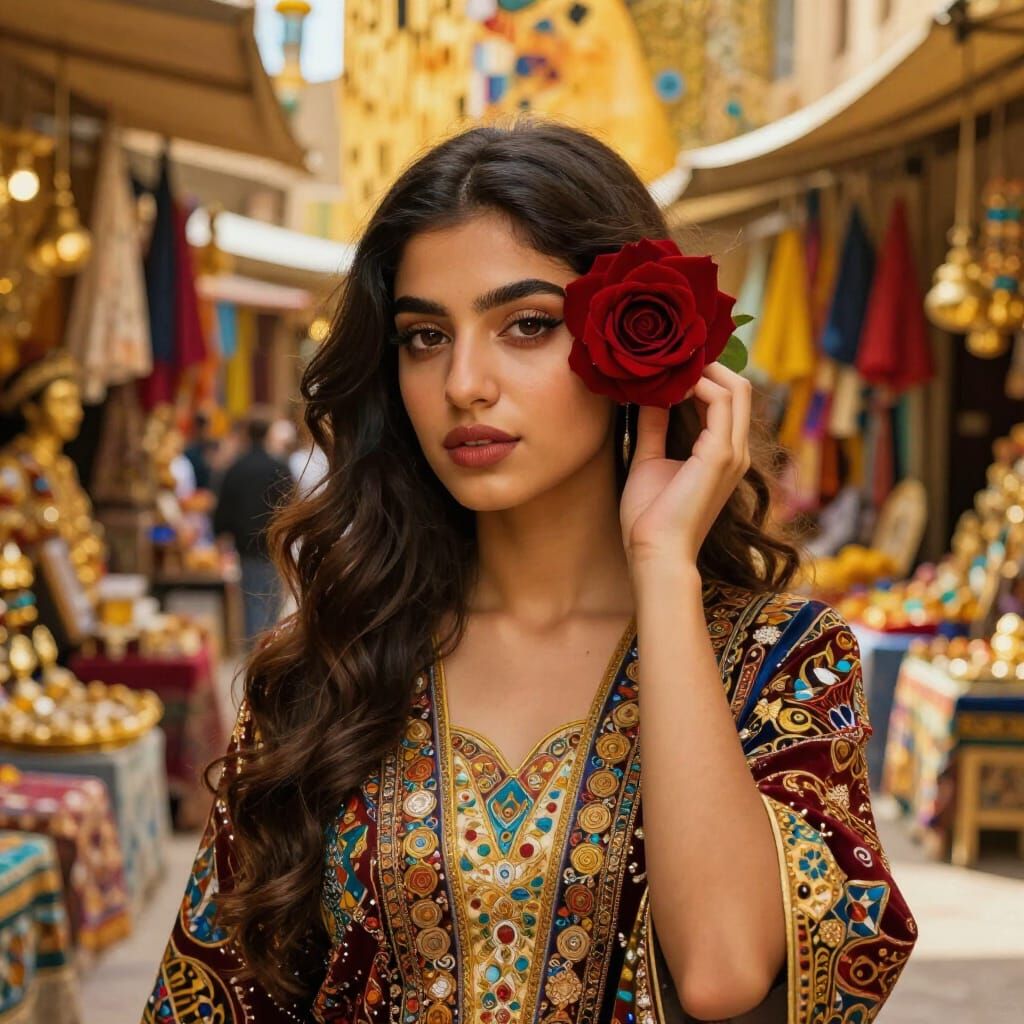 Woman with Rose in Sunlit Souk, Art Nouveau Style