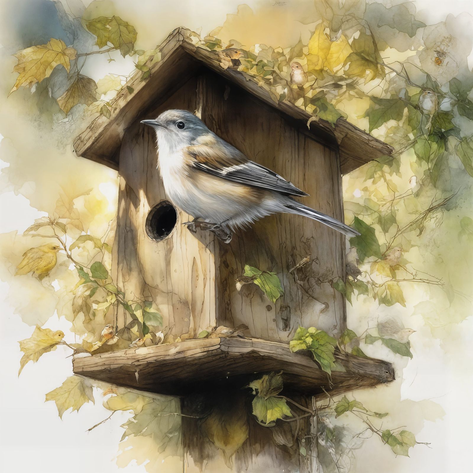 Pied Flycatcher in Birdhouse: Alcohol Ink Illustration