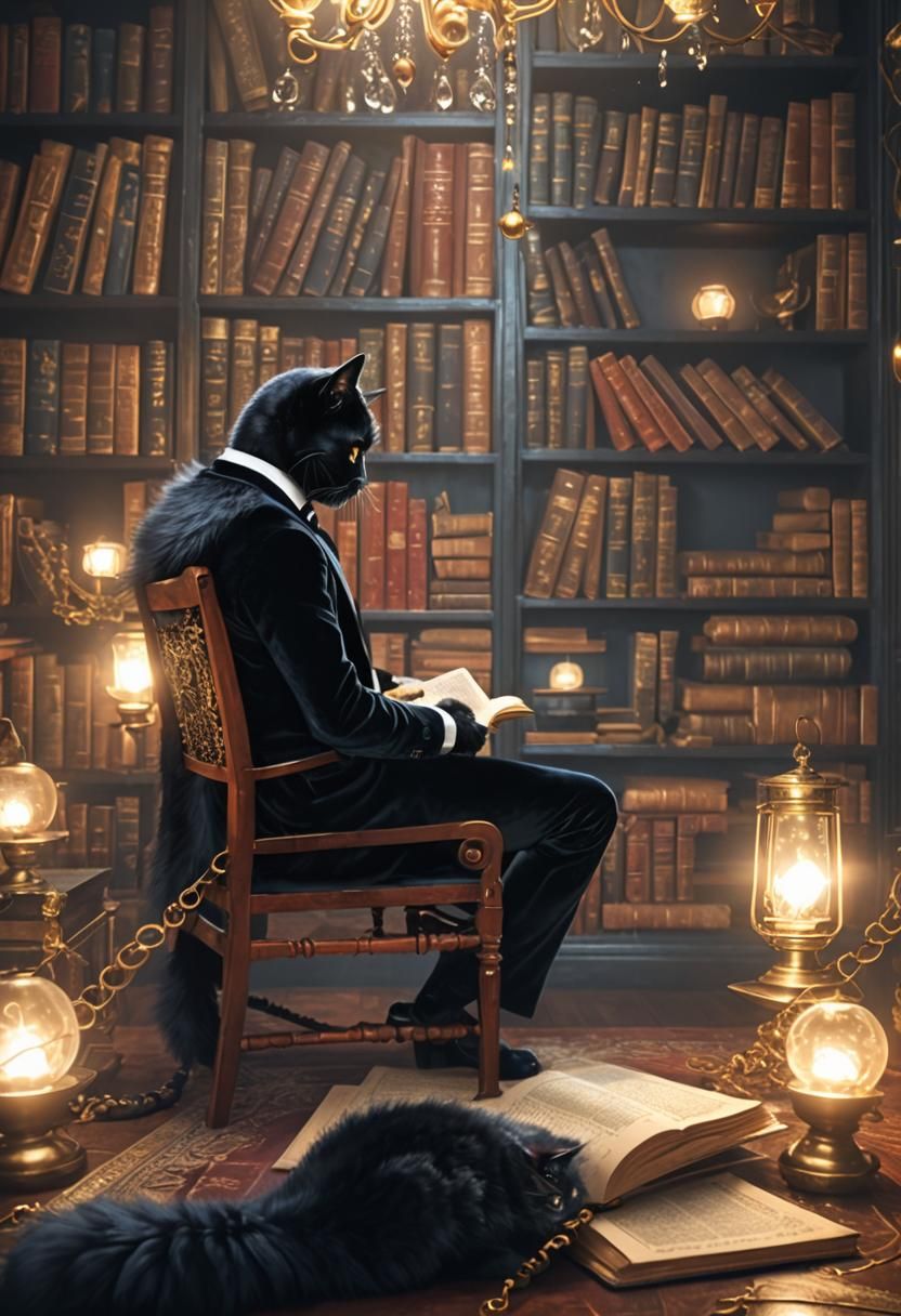 Cat Gentleman Reads Book: Detailed Matte Painting