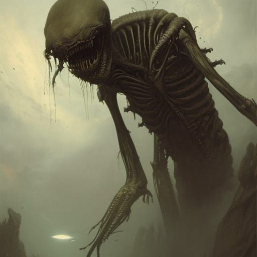 Horrific Alien Feast in Engraving Style