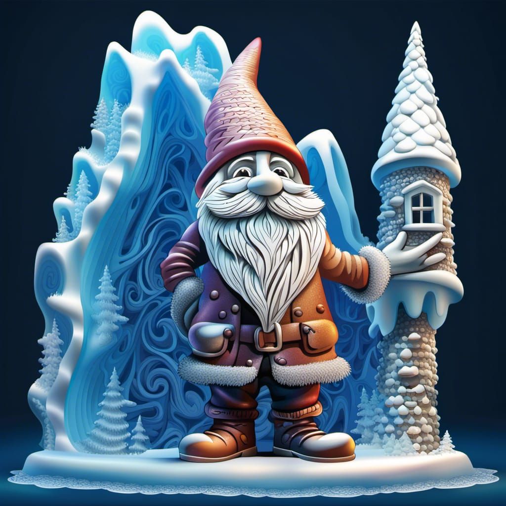 Detailed Ice Sculpture of Gnome and Cabin